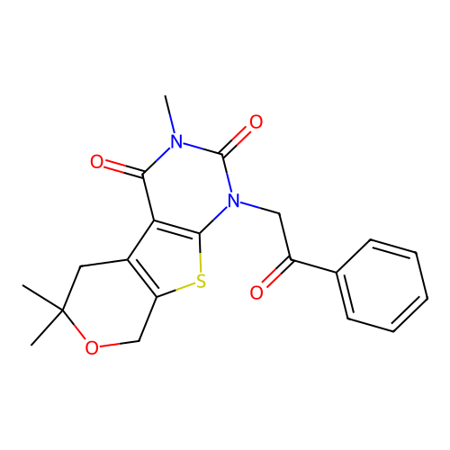 3,6,6-trimethyl-1-(2-oxo-2-phenylethyl)-1,5,6,8-tetrahydro-2H-pyrano[4',3':4,5]thieno[2,3-d]pyrimidine-2,4(3H)-dione structure