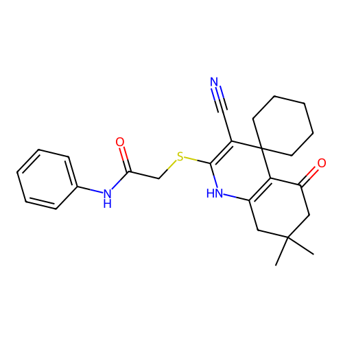 2-((3'-cyano-7',7'-dimethyl-5'-oxo-5',6',7',8'-tetrahydro-1'H-spiro[cyclohexane-1,4'-quinolin]-2'-yl)thio)-N-phenylacetamide structure