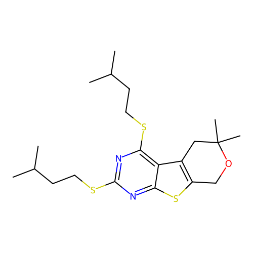 6,6-dimethyl-2,4-bis[(3-methylbutyl)sulfanyl]-5,8-dihydro-6H-pyrano[4',3':4,5]thieno[2,3-d]pyrimidine structure