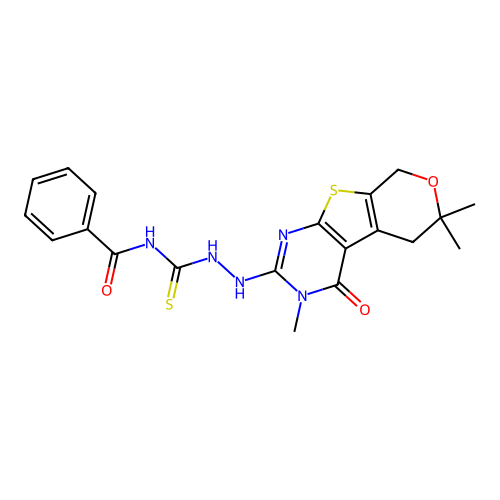 N-(2-(3,6,6-trimethyl-4-oxo-4,5,6,8-tetrahydro-3H-pyrano[4',3':4,5]thieno[2,3-d]pyrimidin-2-yl)hydrazinecarbonothioyl)benzamide structure
