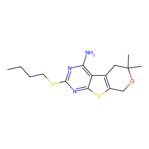 2-(butylsulfanyl)-6,6-dimethyl-5,8-dihydro-6H-pyrano[4',3':4,5]thieno[2,3-d]pyrimidin-4-amine structure