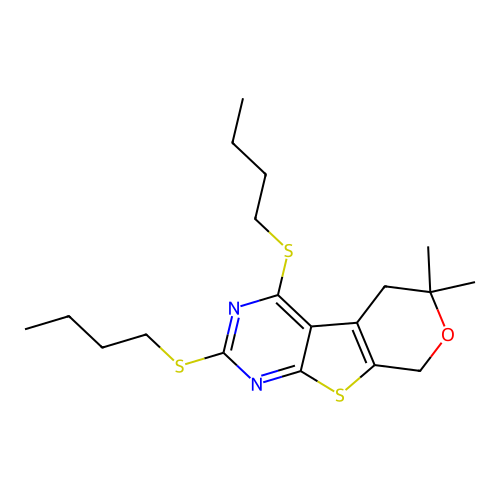 2,4-bis(butylthio)-6,6-dimethyl-6,8-dihydro-5H-pyrano[4',3':4,5]thieno[2,3-d]pyrimidine structure
