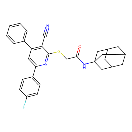 N-(1-adamantyl)-2-[3-cyano-6-(4-fluorophenyl)-4-phenyl-pyridin-2-yl]sulfanyl-acetamide structure