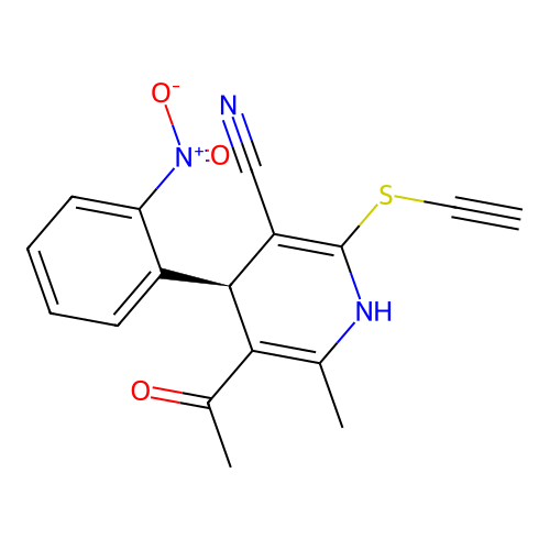 (4R)-5-acetyl-2-ethynylsulfanyl-6-methyl-4-(2-nitrophenyl)-1,4-dihydropyridine-3-carbonitrile structure