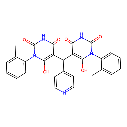 6-hydroxy-5-((6-hydroxy-2,4-dioxo-1-(o-tolyl)-1,2,3,4-tetrahydropyrimidin-5-yl)(pyridin-4-yl)methyl)-3-(o-tolyl)pyrimidine-2,4(1H,3H)-dione structure