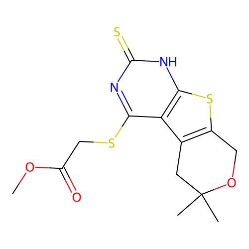 methyl [(6,6-dimethyl-2-sulfanyl-5,8-dihydro-6H-pyrano[4',3':4,5]thieno[2,3-d]pyrimidin-4-yl)sulfanyl]acetate structure