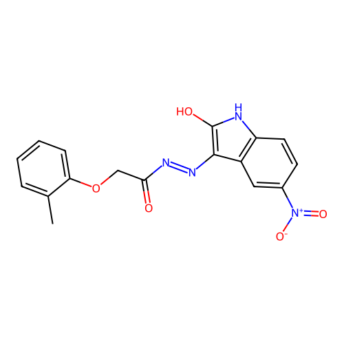 2-(2-methylphenoxy)-N'-(5-nitro-2-oxoindol-3-yl)acetohydrazide structure