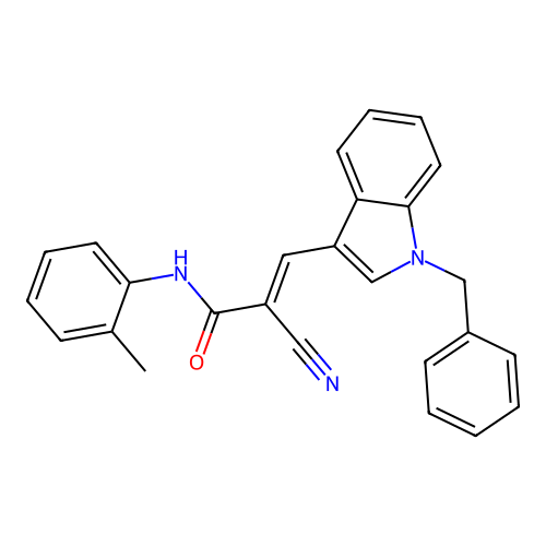(2E)-2-cyano-N-(2-methylphenyl)-3-[1-benzylindol-3-yl]prop-2-enamide structure