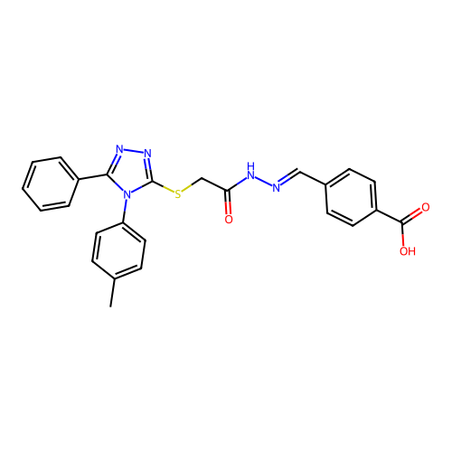 (E)-4-((2-(2-((5-phenyl-4-(p-tolyl)-4H-1,2,4-triazol-3-yl)thio)acetyl)hydrazono)methyl)benzoic acid structure