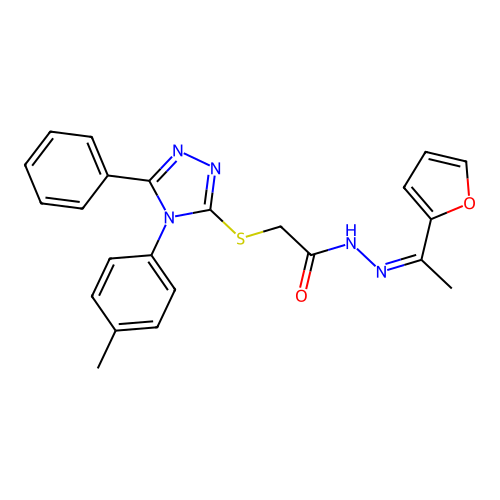 (Z)-N'-(1-(furan-2-yl)ethylidene)-2-((5-phenyl-4-(p-tolyl)-4H-1,2,4-triazol-3-yl)thio)acetohydrazide structure