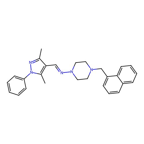 1-[(1E)-2-(3,5-dimethyl-1-phenylpyrazol-4-yl)-1-azavinyl]-4-(naphthylmethyl)pi perazine structure