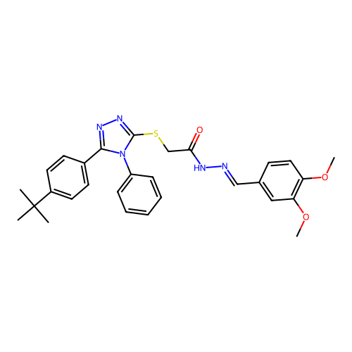 2-{[5-(4-tert-butylphenyl)-4-phenyl-4H-1,2,4-triazol-3-yl]sulfanyl}-N'-[(E)-(3,4-dimethoxyphenyl)methylidene]acetohydrazide structure