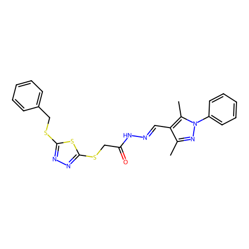 2-{[5-(benzylsulfanyl)-1,3,4-thiadiazol-2-yl]sulfanyl}-N'-[(E)-(3,5-dimethyl-1-phenyl-1H-pyrazol-4-yl)methylidene]acetohydrazide structure
