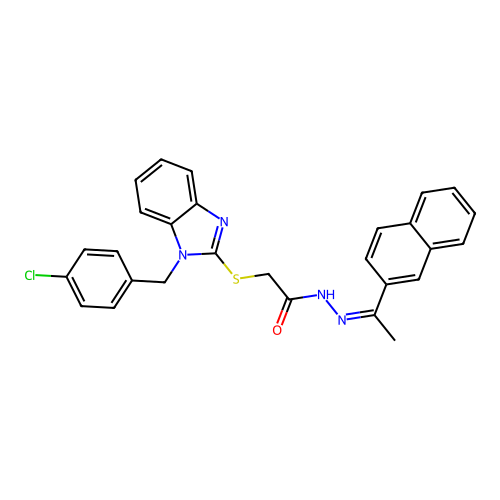 (Z)-2-((1-(4-chlorobenzyl)-1H-benzo[d]imidazol-2-yl)thio)-N'-(1-(naphthalen-2-yl)ethylidene)acetohydrazide structure