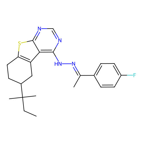 4-{(2E)-2-[1-(4-fluorophenyl)ethylidene]hydrazinyl}-6-(2-methylbutan-2-yl)-5,6,7,8-tetrahydro[1]benzothieno[2,3-d]pyrimidine structure