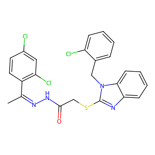 (Z)-2-((1-(2-chlorobenzyl)-1H-benzo[d]imidazol-2-yl)thio)-N'-(1-(2,4-dichlorophenyl)ethylidene)acetohydrazide structure