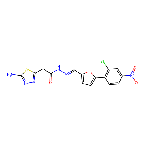 (E)-2-(5-amino-1,3,4-thiadiazol-2-yl)-N'-((5-(2-chloro-4-nitrophenyl)furan-2-yl)methylene)acetohydrazide structure
