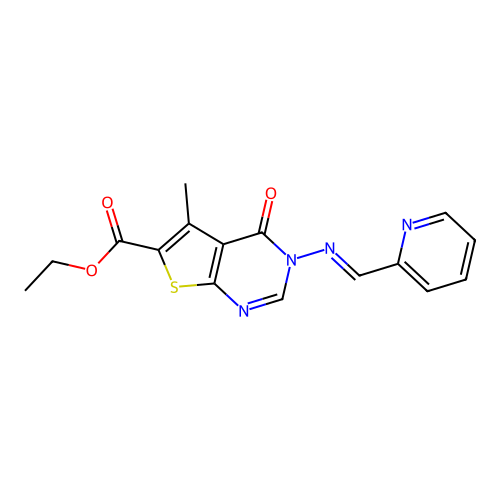 (E)-ethyl 5-methyl-4-oxo-3-((pyridin-2-ylmethylene)amino)-3,4-dihydrothieno[2,3-d]pyrimidine-6-carboxylate structure