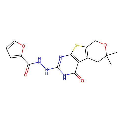N'-(6,6-dimethyl-4-oxo-3,5,6,8-tetrahydro-4H-pyrano[4',3':4,5]thieno[2,3-d]pyrimidin-2-yl)furan-2-carbohydrazide structure