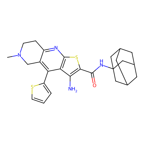 3-amino-6-methyl-4-(thiophen-2-yl)-N-(tricyclo[3.3.1.1~3,7~]dec-1-yl)-5,6,7,8-tetrahydrothieno[2,3-b][1,6]naphthyridine-2-carboxamide structure
