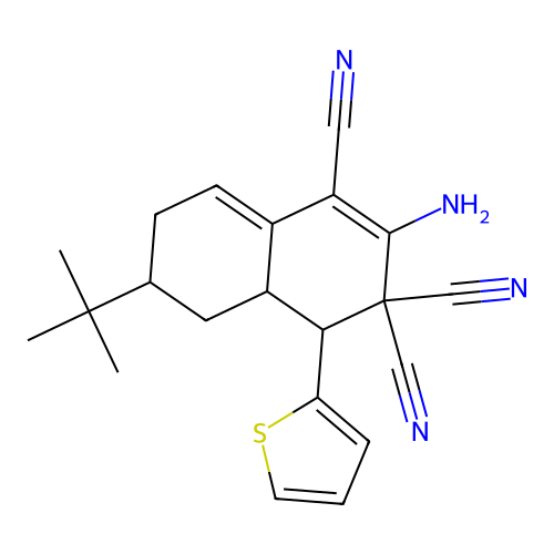 2-Amino-6-tert-butyl-4-thiophen-2-yl-4a,5,6,7-tetrahydro-4H-naphthalene-1,3,3-tricarbonitrile structure