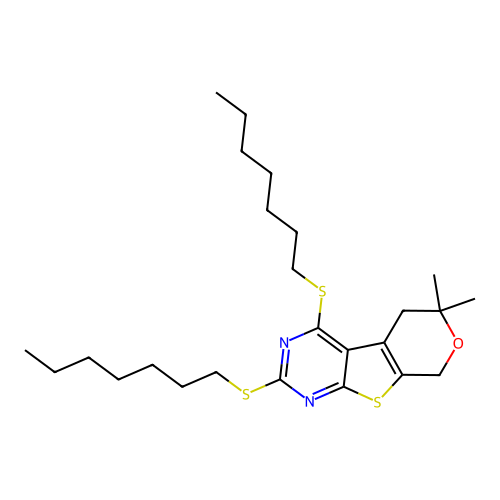 2,4-bis(heptylsulfanyl)-6,6-dimethyl-5,8-dihydro-6H-pyrano[4',3':4,5]thieno[2,3-d]pyrimidine structure