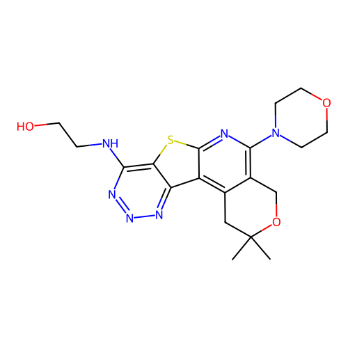 2-((2,2-dimethyl-5-morpholino-2,4-dihydro-1H-pyrano[4'',3'':4',5']pyrido[3',2':4,5]thieno[3,2-d][1,2,3]triazin-8-yl)amino)ethanol structure