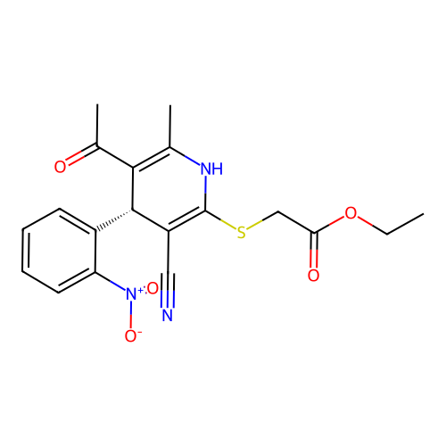 ethyl 2-[(4R)-5-acetyl-3-cyano-6-methyl-4-(2-nitrophenyl)-2-1,4-dihydropyridyl thio]acetate structure