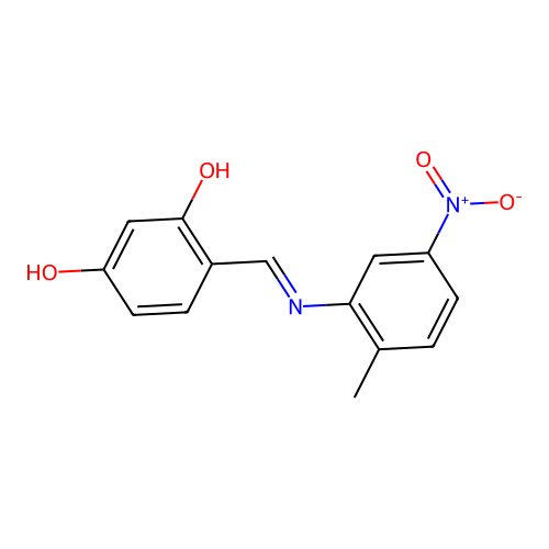 4-[(2-Methyl-5-nitro-phenylimino)-methyl]-benzene-1,3-diol structure