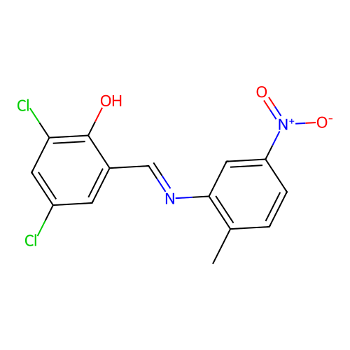 2,4-Dichloro-6-((2-methyl-5-nitro-phenylimino)-methyl)-phenol structure