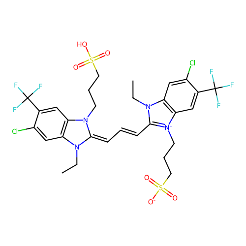 3-[5-Chloro-2-[3-[6-chloro-1-ethyl-3-(3-sulfopropyl)-5-(trifluoromethyl)benzimidazol-2-ylidene]prop-1-enyl]-3-ethyl-6-(trifluoromethyl)benzimidazol-1-ium-1-yl]propane-1-sulfonate structure