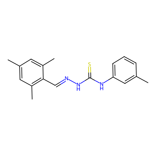 (2E)-N-(3-methylphenyl)-2-(2,4,6-trimethylbenzylidene)hydrazinecarbothioamide structure