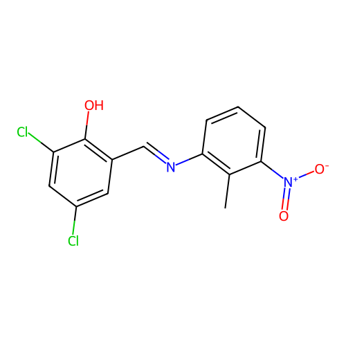 2,4-dichloro-6-{(E)-[(2-methyl-3-nitrophenyl)imino]methyl}phenol structure