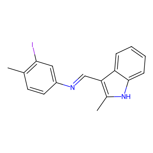3-iodo-4-methyl-N-[(E)-(2-methylindol-3-ylidene)methyl]aniline structure