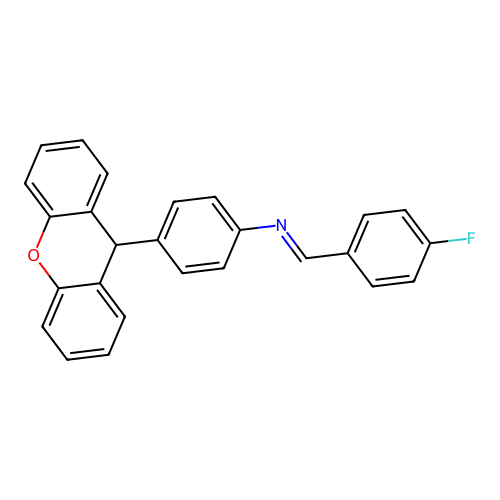 N-[(E)-(4-fluorophenyl)methylidene]-4-(9H-xanthen-9-yl)aniline structure