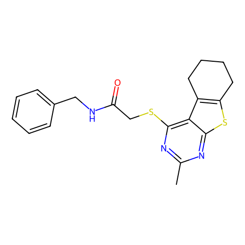 N-benzyl-2-((2-methyl-5,6,7,8-tetrahydrobenzo[4,5]thieno[2,3-d]pyrimidin-4-yl)thio)acetamide structure