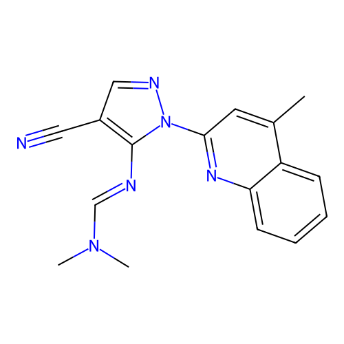 (E)-N'-(4-cyano-1-(4-methylquinolin-2-yl)-1H-pyrazol-5-yl)-N,N-dimethylformimidamide structure