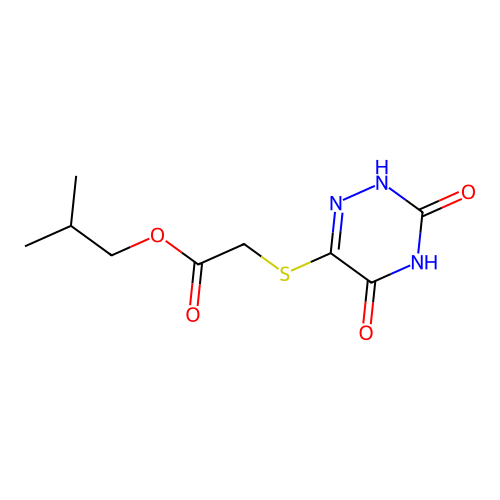 2-Methylpropyl [(3,5-dihydroxy-1,2,4-triazin-6-yl)sulfanyl]acetate structure