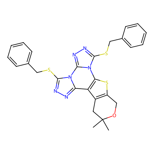 3,7-bis(benzylsulfanyl)-12,12-dimethyl-12,13-dihydro-10H-pyrano[4',3':4,5]thieno[3,2-e]bis[1,2,4]triazolo[4,3-a:4',3'-c]pyrimidine structure