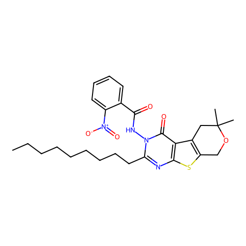 N-(6,6-Dimethyl-2-nonyl-4-oxo-5,8-dihydro-4H,6H-pyrano[4',3':4,5]thieno[2,3-d]pyrimidin-3-yl)-2-nitro-benzamide structure