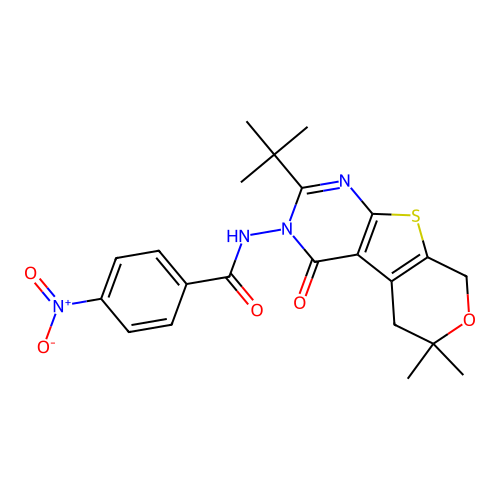 N-(2-(tert-butyl)-6,6-dimethyl-4-oxo-4,5,6,8-tetrahydro-3H-pyrano[4',3':4,5]thieno[2,3-d]pyrimidin-3-yl)-4-nitrobenzamide structure
