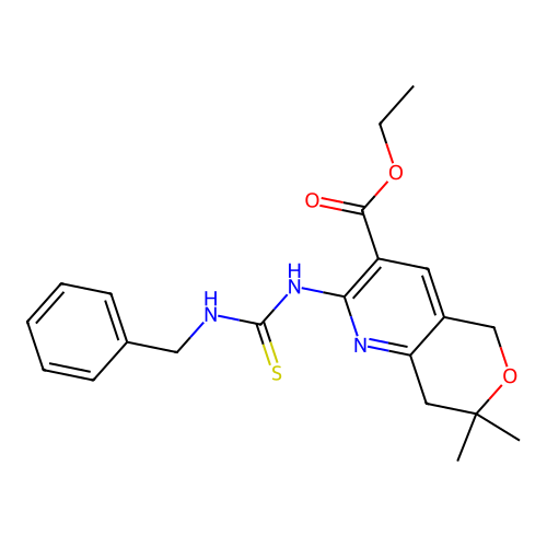 2-(N'-benzylthioureido)-3-ethoxycarbonyl-7,7-dimethyl-7,8-dihydro-5h-pyrano[4,3-b]pyridine structure