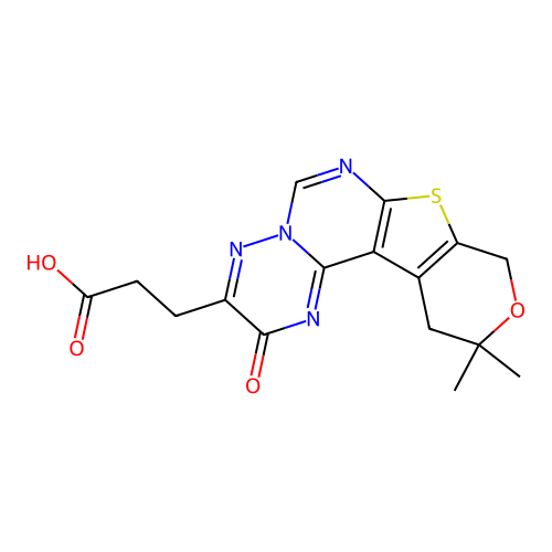 3-(11,11-dimethyl-2-oxo-11,12-dihydro-2H,9H-pyrano[4'',3'':4',5']thieno[2',3':4,5]pyrimido[1,6-b][1,2,4]triazin-3-yl)propanoic acid structure