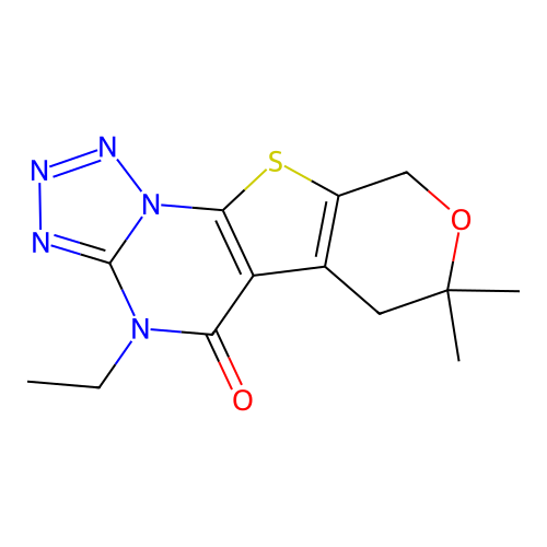 4-ethyl-7,7-dimethyl-6,7-dihydro-4H-pyrano[4',3':4,5]thieno[3,2-e]tetrazolo[1,5-a]pyrimidin-5(9H)-one structure