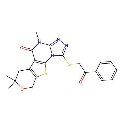 4,7,7-trimethyl-1-((2-oxo-2-phenylethyl)thio)-6,7-dihydro-4H-pyrano[4',3':4,5]thieno[3,2-e][1,2,4]triazolo[4,3-a]pyrimidin-5(9H)-one structure