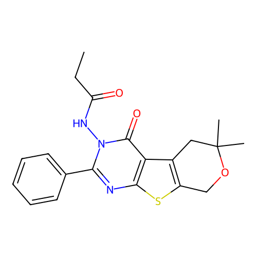 N-(6,6-dimethyl-4-oxo-2-phenyl-4,5,6,8-tetrahydro-3H-pyrano[4',3':4,5]thieno[2,3-d]pyrimidin-3-yl)propionamide structure