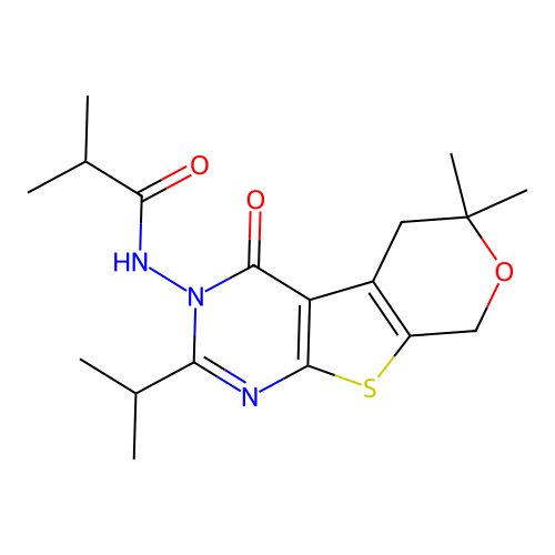 N-(2-isopropyl-6,6-dimethyl-4-oxo-4,5,6,8-tetrahydro-3H-pyrano[4',3':4,5]thieno[2,3-d]pyrimidin-3-yl)isobutyramide structure