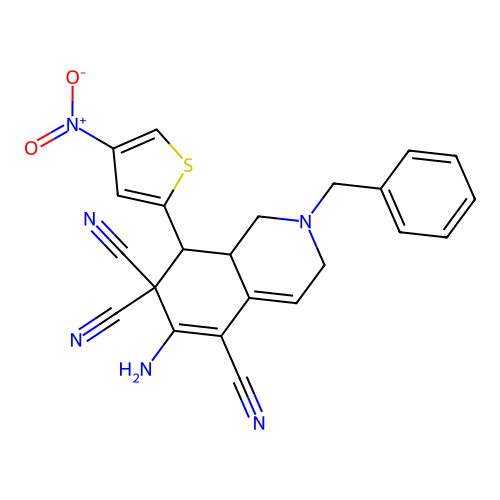 6-amino-2-benzyl-8-(4-nitrothiophen-2-yl)-1,3,8,8a-tetrahydroisoquinoline-5,7,7-tricarbonitrile structure