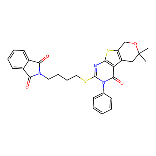 2-(4-((6,6-dimethyl-4-oxo-3-phenyl-4,5,6,8-tetrahydro-3H-pyrano[4',3':4,5]thieno[2,3-d]pyrimidin-2-yl)thio)butyl)isoindoline-1,3-dione structure