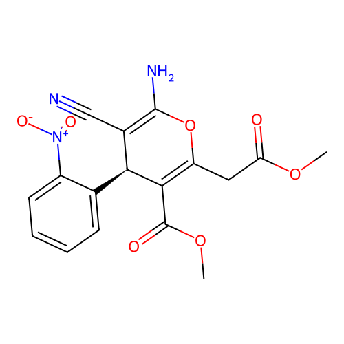 methyl (4S)-6-amino-5-cyano-2-(2-methoxy-2-oxoethyl)-4-(2-nitrophenyl)-4H-pyran-3-carboxylate structure
